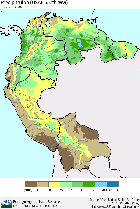 Northern South America Precipitation (USAF 557th WW) Thematic Map For 7/12/2021 - 7/18/2021