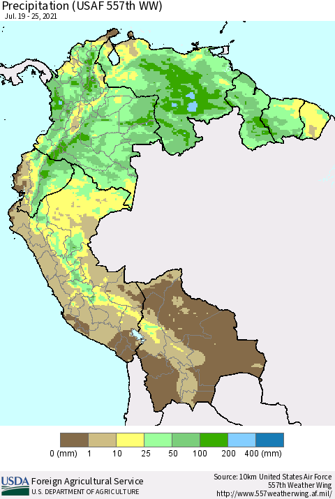 Northern South America Precipitation (USAF 557th WW) Thematic Map For 7/19/2021 - 7/25/2021