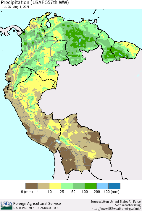Northern South America Precipitation (USAF 557th WW) Thematic Map For 7/26/2021 - 8/1/2021