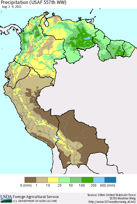 Northern South America Precipitation (USAF 557th WW) Thematic Map For 8/2/2021 - 8/8/2021