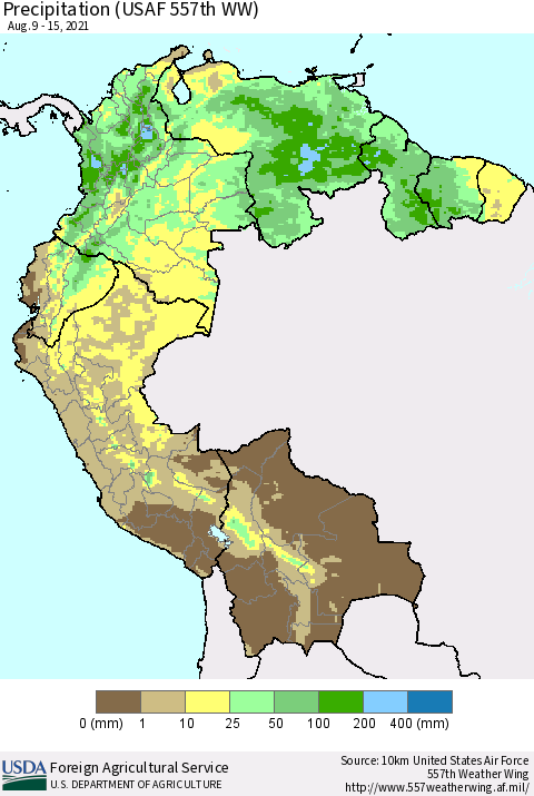 Northern South America Precipitation (USAF 557th WW) Thematic Map For 8/9/2021 - 8/15/2021
