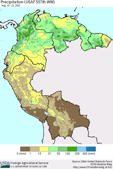 Northern South America Precipitation (USAF 557th WW) Thematic Map For 8/16/2021 - 8/22/2021