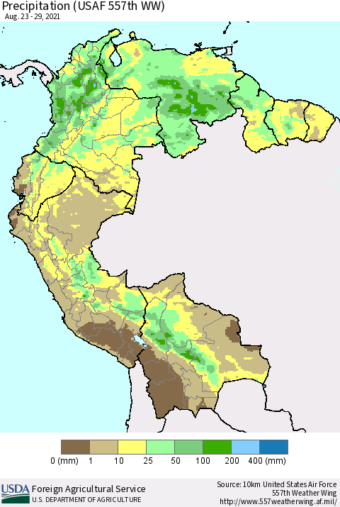 Northern South America Precipitation (USAF 557th WW) Thematic Map For 8/23/2021 - 8/29/2021