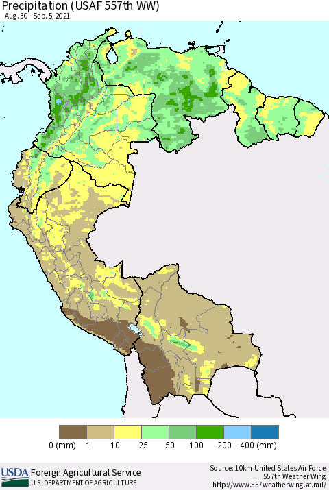 Northern South America Precipitation (USAF 557th WW) Thematic Map For 8/30/2021 - 9/5/2021