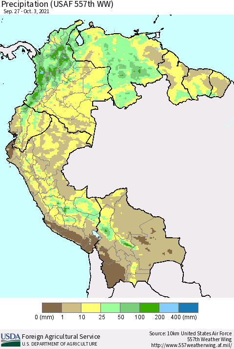 Northern South America Precipitation (USAF 557th WW) Thematic Map For 9/27/2021 - 10/3/2021
