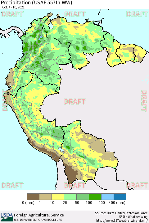 Northern South America Precipitation (USAF 557th WW) Thematic Map For 10/4/2021 - 10/10/2021
