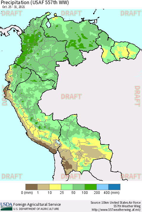 Northern South America Precipitation (USAF 557th WW) Thematic Map For 10/25/2021 - 10/31/2021