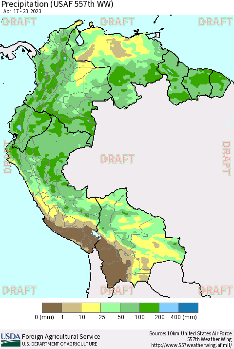 Northern South America Precipitation (USAF 557th WW) Thematic Map For 4/17/2023 - 4/23/2023