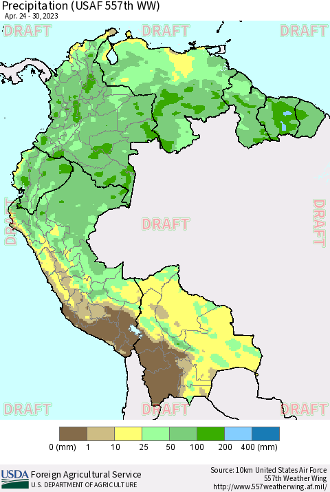 Northern South America Precipitation (USAF 557th WW) Thematic Map For 4/24/2023 - 4/30/2023