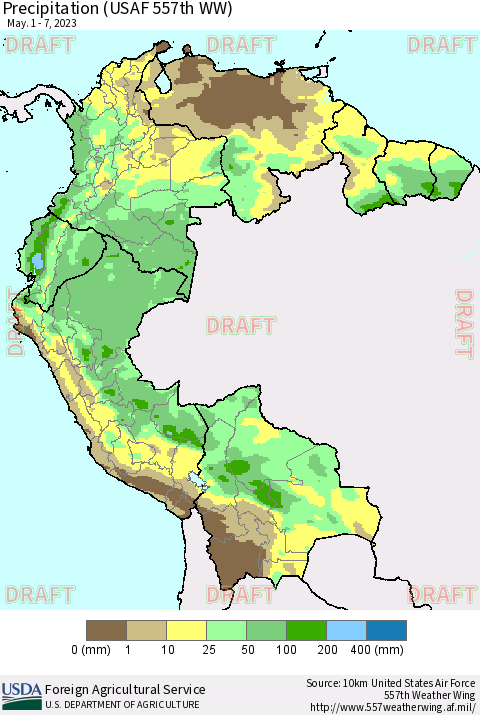 Northern South America Precipitation (USAF 557th WW) Thematic Map For 5/1/2023 - 5/7/2023