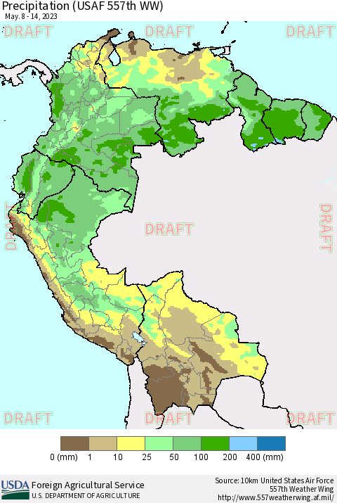 Northern South America Precipitation (USAF 557th WW) Thematic Map For 5/8/2023 - 5/14/2023