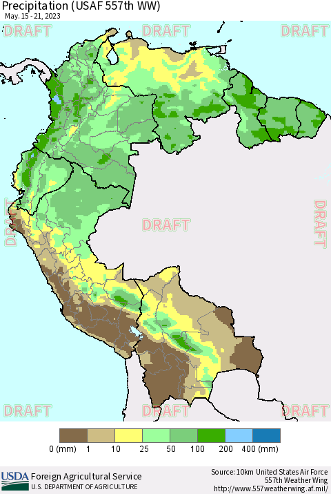 Northern South America Precipitation (USAF 557th WW) Thematic Map For 5/15/2023 - 5/21/2023