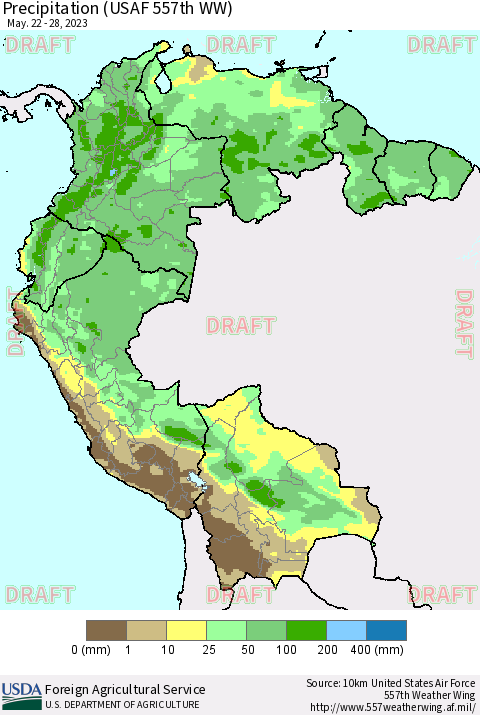 Northern South America Precipitation (USAF 557th WW) Thematic Map For 5/22/2023 - 5/28/2023