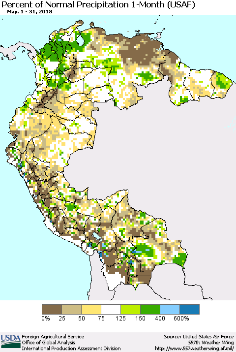 Northern South America Percent of Normal Precipitation 1-Month (USAF) Thematic Map For 5/1/2018 - 5/31/2018