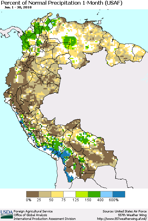 Northern South America Percent of Normal Precipitation 1-Month (USAF) Thematic Map For 6/1/2018 - 6/30/2018