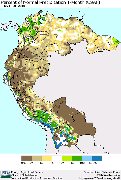 Northern South America Percent of Normal Precipitation 1-Month (USAF) Thematic Map For 7/1/2018 - 7/31/2018
