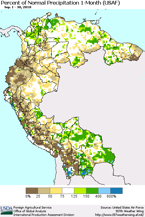 Northern South America Percent of Normal Precipitation 1-Month (USAF) Thematic Map For 9/1/2018 - 9/30/2018