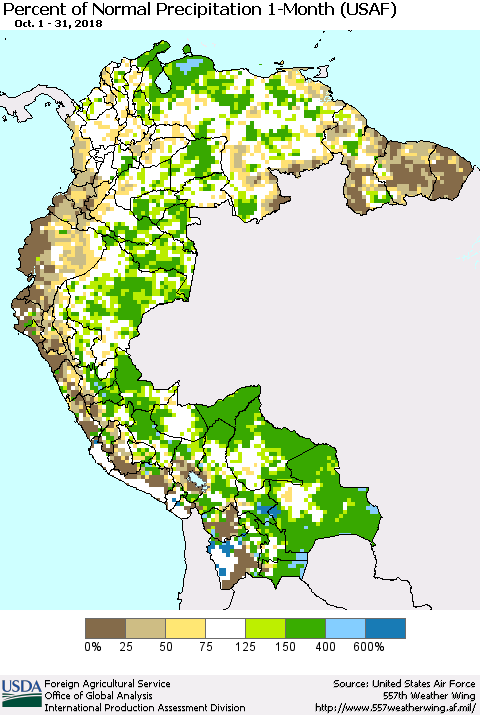 Northern South America Percent of Normal Precipitation 1-Month (USAF) Thematic Map For 10/1/2018 - 10/31/2018