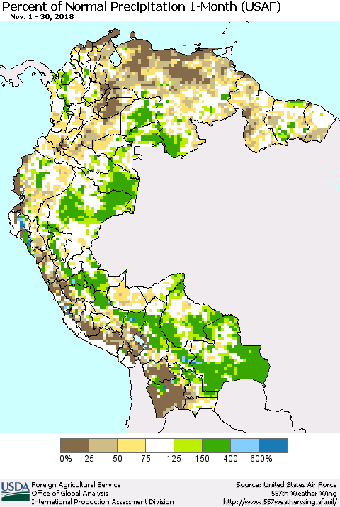 Northern South America Percent of Normal Precipitation 1-Month (USAF) Thematic Map For 11/1/2018 - 11/30/2018