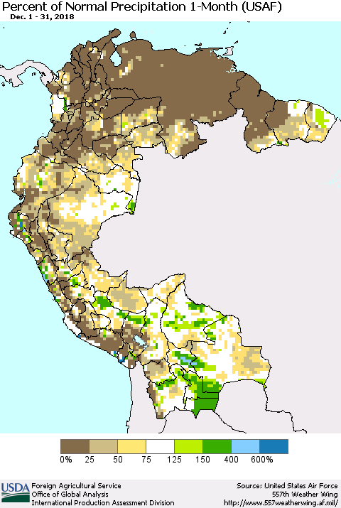 Northern South America Percent of Normal Precipitation 1-Month (USAF) Thematic Map For 12/1/2018 - 12/31/2018