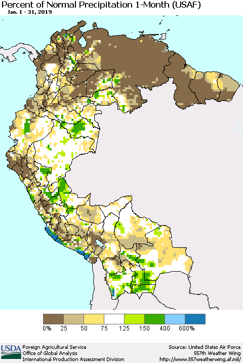 Northern South America Percent of Normal Precipitation 1-Month (USAF) Thematic Map For 1/1/2019 - 1/31/2019