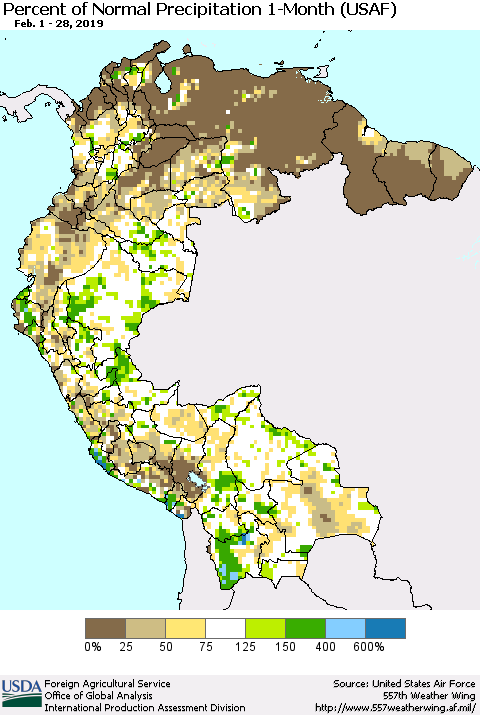 Northern South America Percent of Normal Precipitation 1-Month (USAF) Thematic Map For 2/1/2019 - 2/28/2019