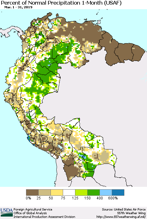 Northern South America Percent of Normal Precipitation 1-Month (USAF) Thematic Map For 3/1/2019 - 3/31/2019