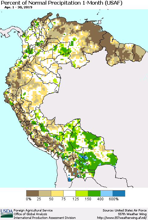 Northern South America Percent of Normal Precipitation 1-Month (USAF) Thematic Map For 4/1/2019 - 4/30/2019