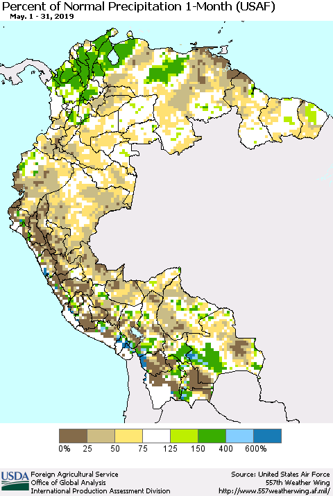 Northern South America Percent of Normal Precipitation 1-Month (USAF) Thematic Map For 5/1/2019 - 5/31/2019
