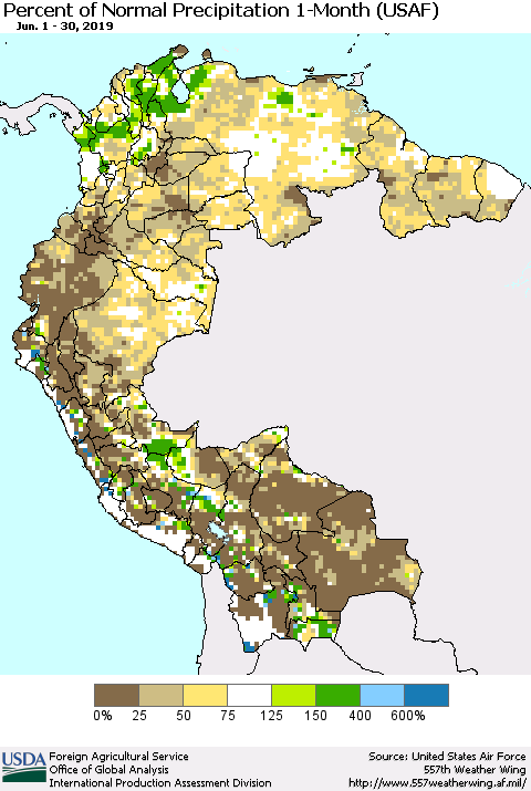 Northern South America Percent of Normal Precipitation 1-Month (USAF) Thematic Map For 6/1/2019 - 6/30/2019