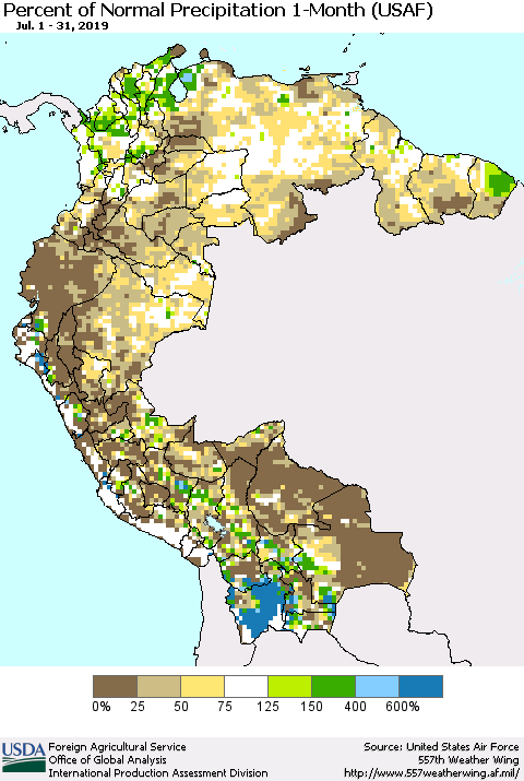 Northern South America Percent of Normal Precipitation 1-Month (USAF) Thematic Map For 7/1/2019 - 7/31/2019