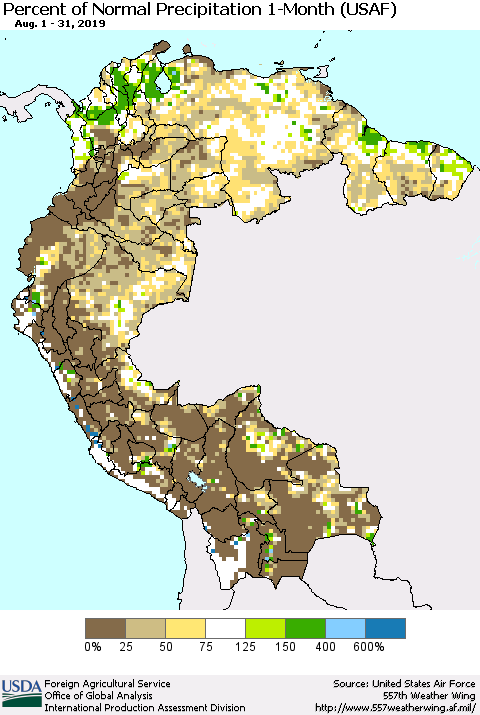Northern South America Percent of Normal Precipitation 1-Month (USAF) Thematic Map For 8/1/2019 - 8/31/2019