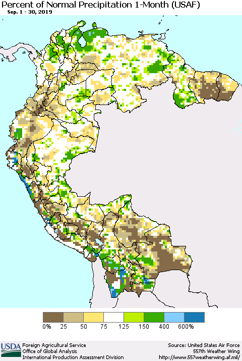 Northern South America Percent of Normal Precipitation 1-Month (USAF) Thematic Map For 9/1/2019 - 9/30/2019