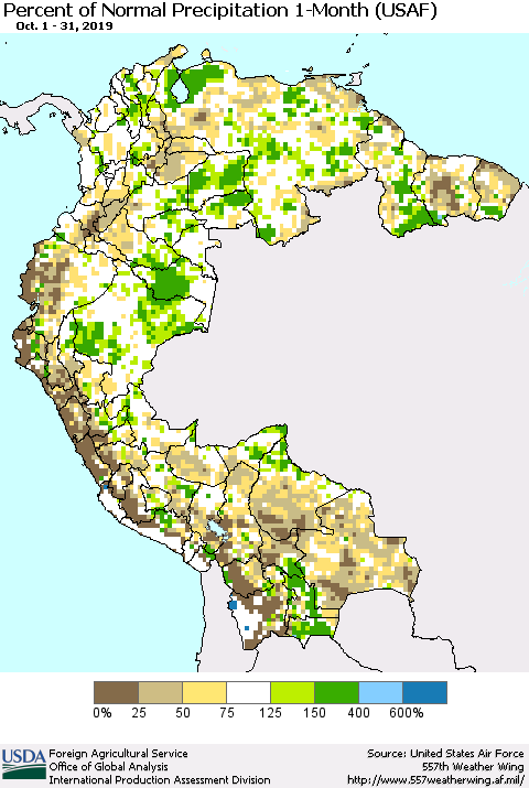 Northern South America Percent of Normal Precipitation 1-Month (USAF) Thematic Map For 10/1/2019 - 10/31/2019