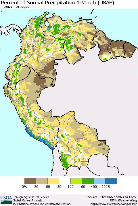 Northern South America Percent of Normal Precipitation 1-Month (USAF) Thematic Map For 1/1/2020 - 1/31/2020