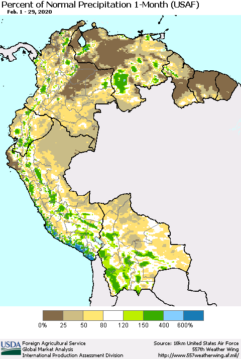 Northern South America Percent of Normal Precipitation 1-Month (USAF) Thematic Map For 2/1/2020 - 2/29/2020