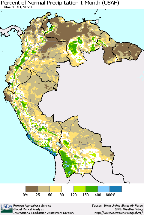 Northern South America Percent of Normal Precipitation 1-Month (USAF) Thematic Map For 3/1/2020 - 3/31/2020