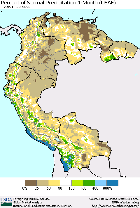 Northern South America Percent of Normal Precipitation 1-Month (USAF) Thematic Map For 4/1/2020 - 4/30/2020