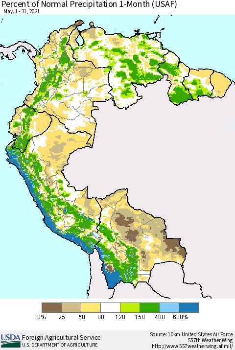 Northern South America Percent of Normal Precipitation 1-Month (USAF) Thematic Map For 5/1/2021 - 5/31/2021
