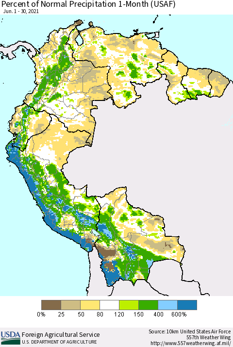 Northern South America Percent of Normal Precipitation 1-Month (USAF) Thematic Map For 6/1/2021 - 6/30/2021