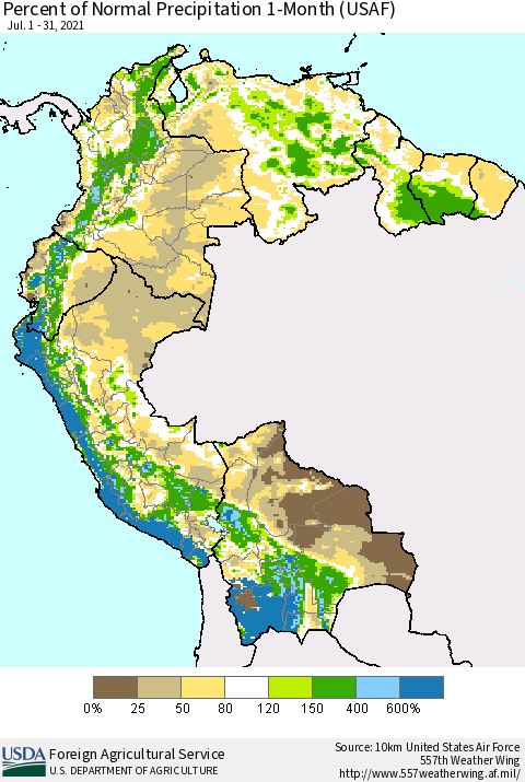 Northern South America Percent of Normal Precipitation 1-Month (USAF) Thematic Map For 7/1/2021 - 7/31/2021