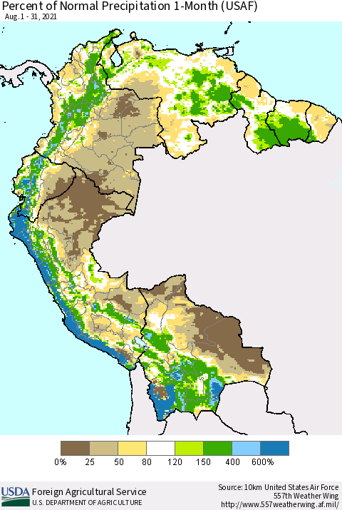 Northern South America Percent of Normal Precipitation 1-Month (USAF) Thematic Map For 8/1/2021 - 8/31/2021
