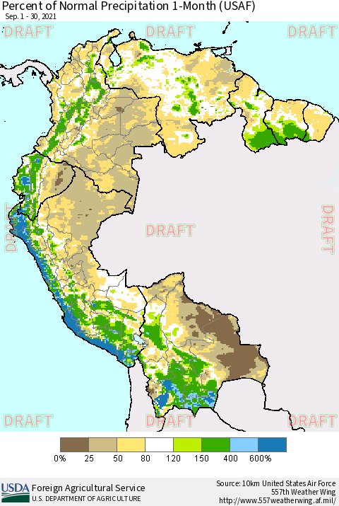 Northern South America Percent of Normal Precipitation 1-Month (USAF) Thematic Map For 9/1/2021 - 9/30/2021
