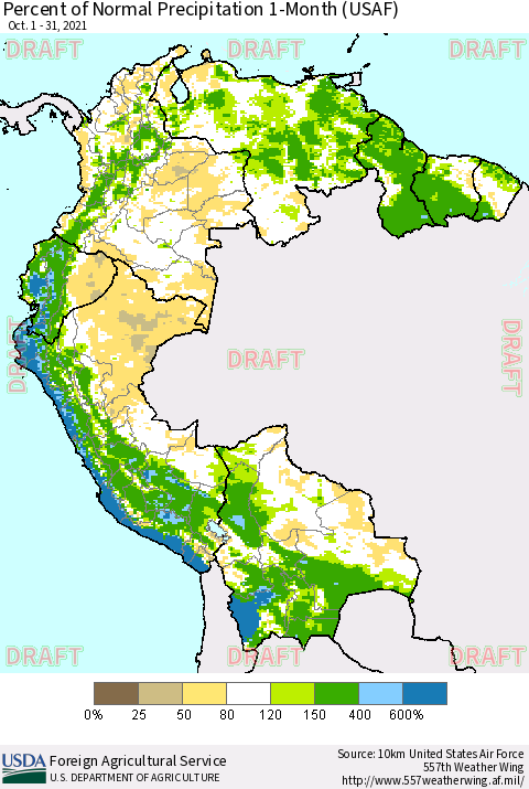 Northern South America Percent of Normal Precipitation 1-Month (USAF) Thematic Map For 10/1/2021 - 10/31/2021