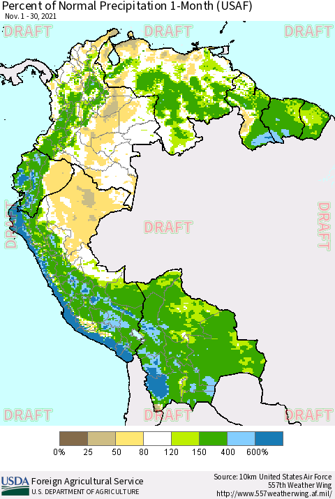 Northern South America Percent of Normal Precipitation 1-Month (USAF) Thematic Map For 11/1/2021 - 11/30/2021