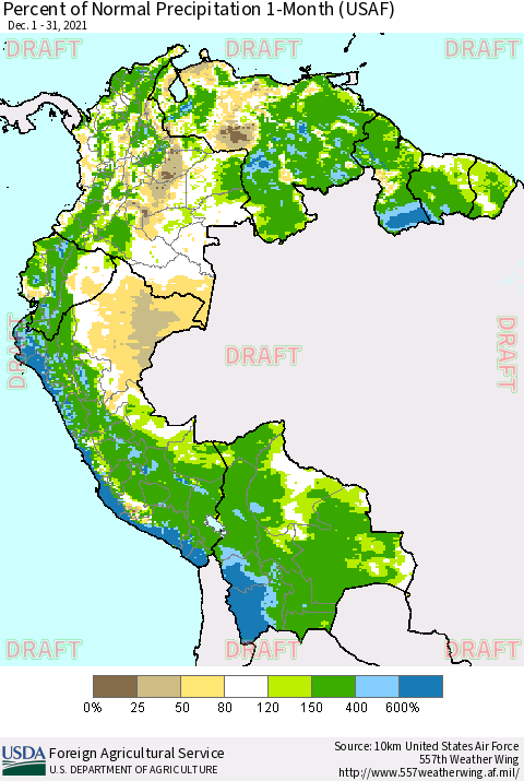Northern South America Percent of Normal Precipitation 1-Month (USAF) Thematic Map For 12/1/2021 - 12/31/2021