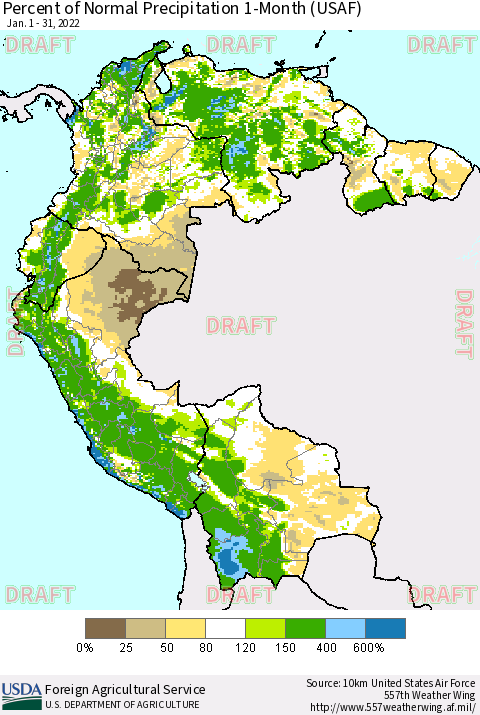 Northern South America Percent of Normal Precipitation 1-Month (USAF) Thematic Map For 1/1/2022 - 1/31/2022
