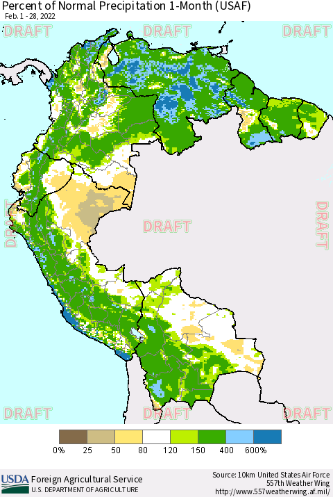 Northern South America Percent of Normal Precipitation 1-Month (USAF) Thematic Map For 2/1/2022 - 2/28/2022