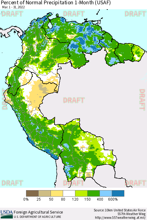 Northern South America Percent of Normal Precipitation 1-Month (USAF) Thematic Map For 3/1/2022 - 3/31/2022