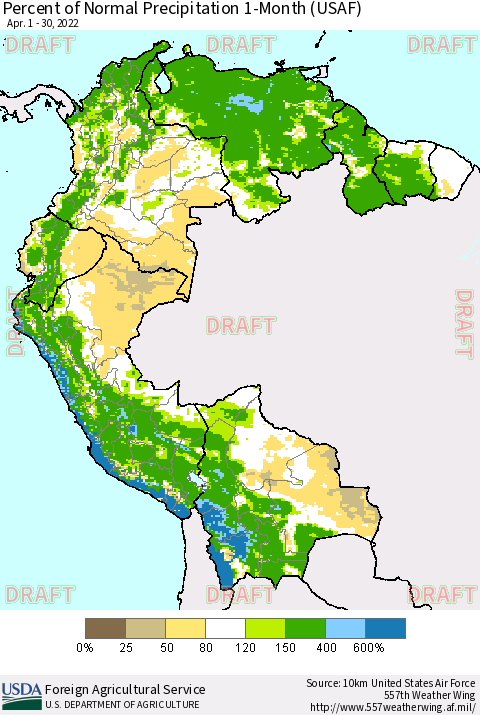 Northern South America Percent of Normal Precipitation 1-Month (USAF) Thematic Map For 4/1/2022 - 4/30/2022